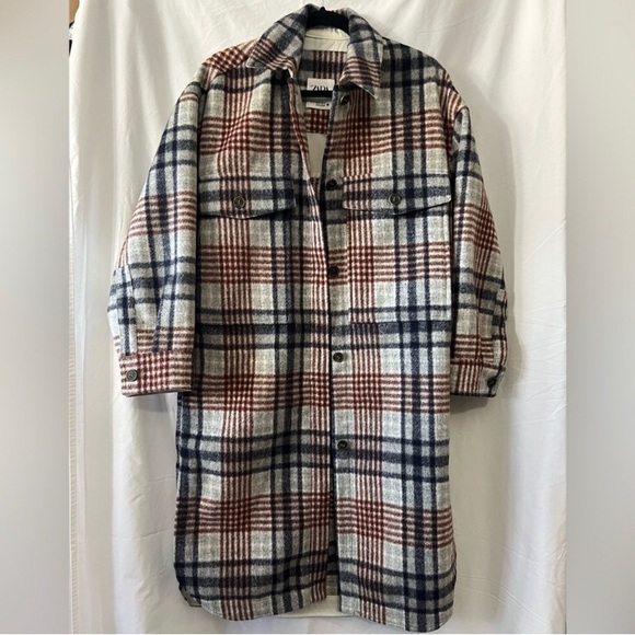 Plaid Long Coat with Button Closure - Picture 1 of 5